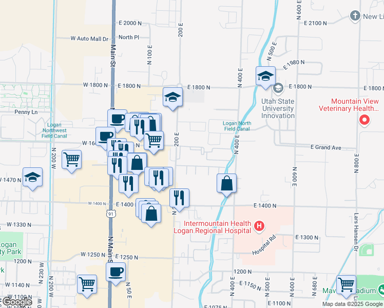 map of restaurants, bars, coffee shops, grocery stores, and more near 229 East 1530 North in North Logan