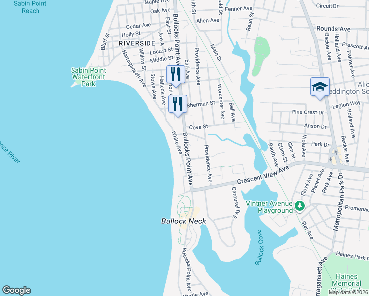 map of restaurants, bars, coffee shops, grocery stores, and more near 65 White Avenue in East Providence