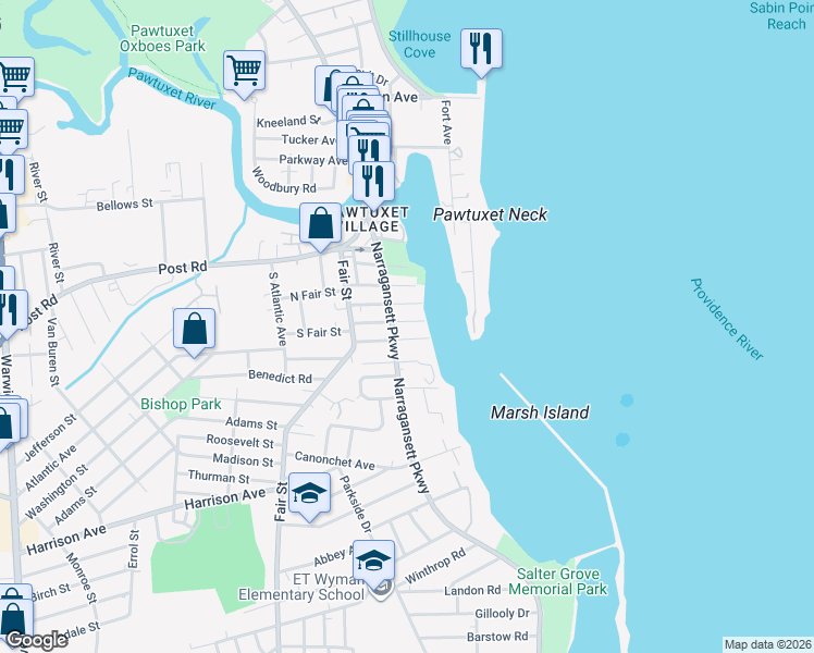 map of restaurants, bars, coffee shops, grocery stores, and more near 169 Narragansett Parkway in Warwick