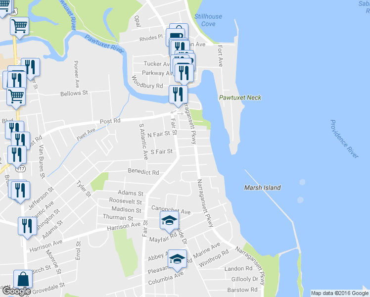 map of restaurants, bars, coffee shops, grocery stores, and more near 101 Fair Street in Warwick