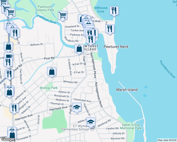map of restaurants, bars, coffee shops, grocery stores, and more near 101 Fair Street in Warwick