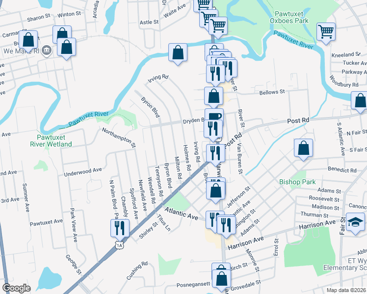 map of restaurants, bars, coffee shops, grocery stores, and more near 3 Hayward Road in Warwick