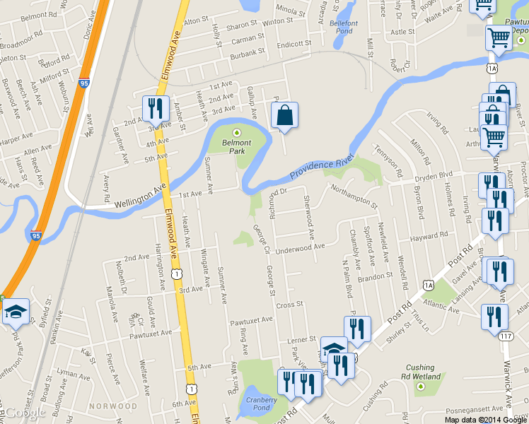 map of restaurants, bars, coffee shops, grocery stores, and more near 223 Richmond Dr in Warwick