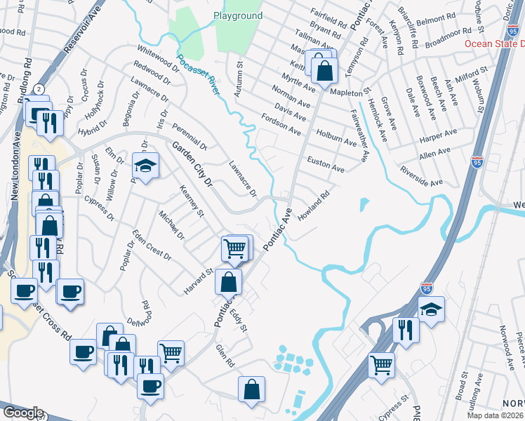 map of restaurants, bars, coffee shops, grocery stores, and more near 377 Garden City Drive in Cranston