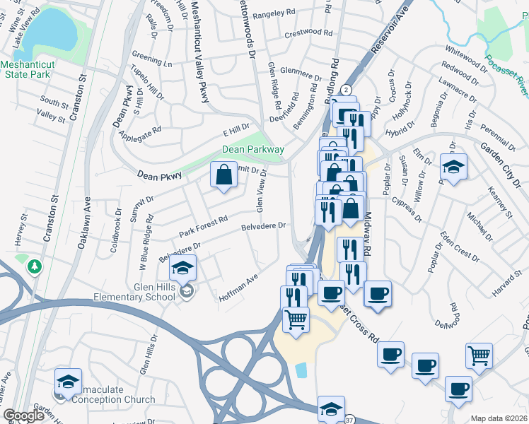 map of restaurants, bars, coffee shops, grocery stores, and more near in Cranston