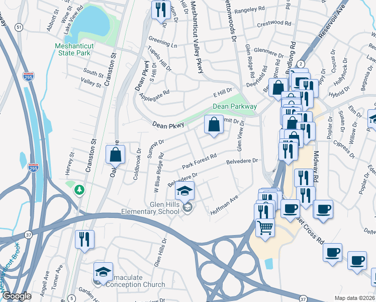 map of restaurants, bars, coffee shops, grocery stores, and more near 93 Park Forest Road in Cranston