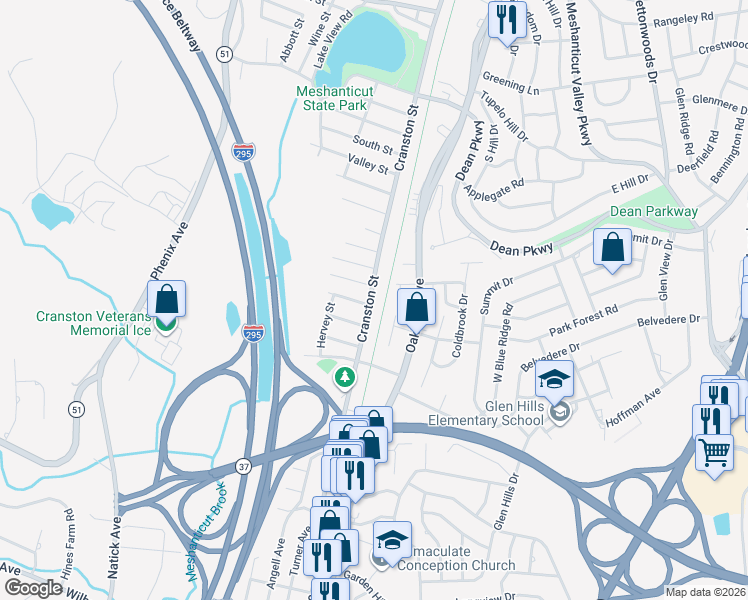 map of restaurants, bars, coffee shops, grocery stores, and more near 30 Fernbrook Court in Cranston