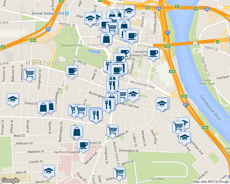 map of restaurants, bars, coffee shops, grocery stores, and more near 326 Main Street in East Hartford