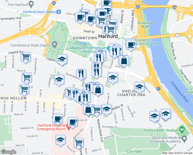 map of restaurants, bars, coffee shops, grocery stores, and more near 326 Main Street in East Hartford