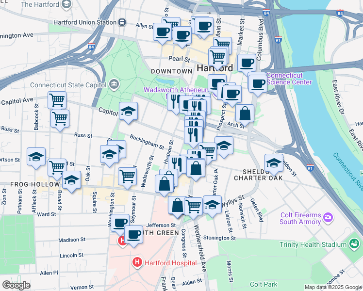 map of restaurants, bars, coffee shops, grocery stores, and more near 83 Buckingham Street in Hartford