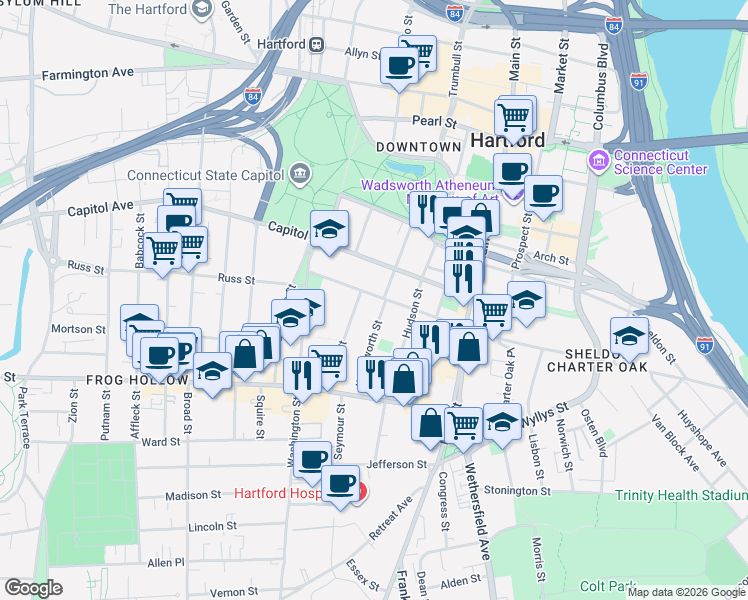map of restaurants, bars, coffee shops, grocery stores, and more near 77 Wadsworth Street in Hartford