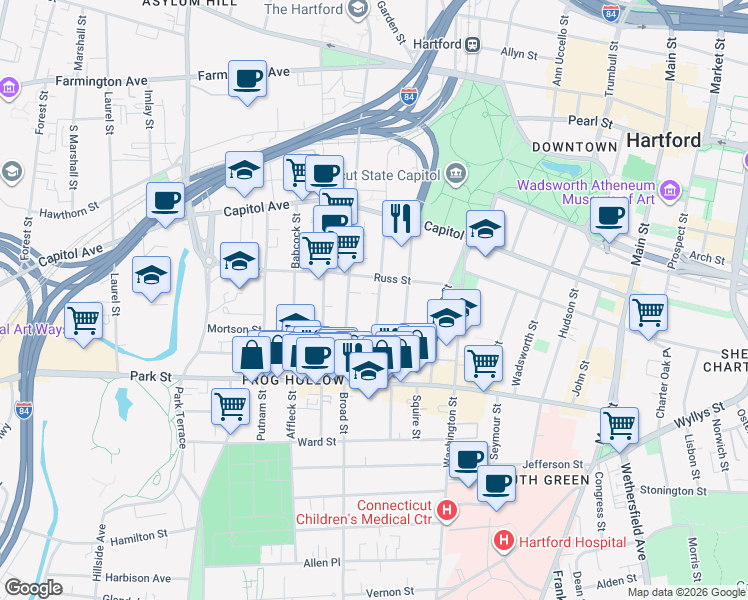 map of restaurants, bars, coffee shops, grocery stores, and more near 124 Hungerford Street in Hartford