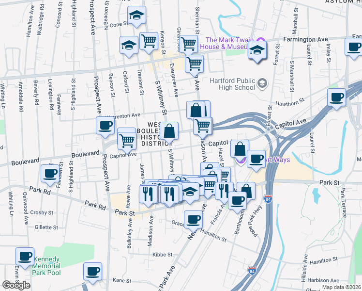 map of restaurants, bars, coffee shops, grocery stores, and more near 81 Newton Street in Hartford