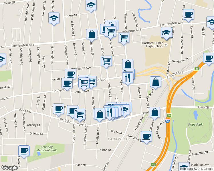 map of restaurants, bars, coffee shops, grocery stores, and more near 75 South Whitney Street in Hartford