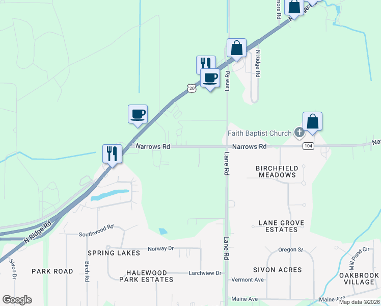 map of restaurants, bars, coffee shops, grocery stores, and more near 2718 Narrows Road in Painesville