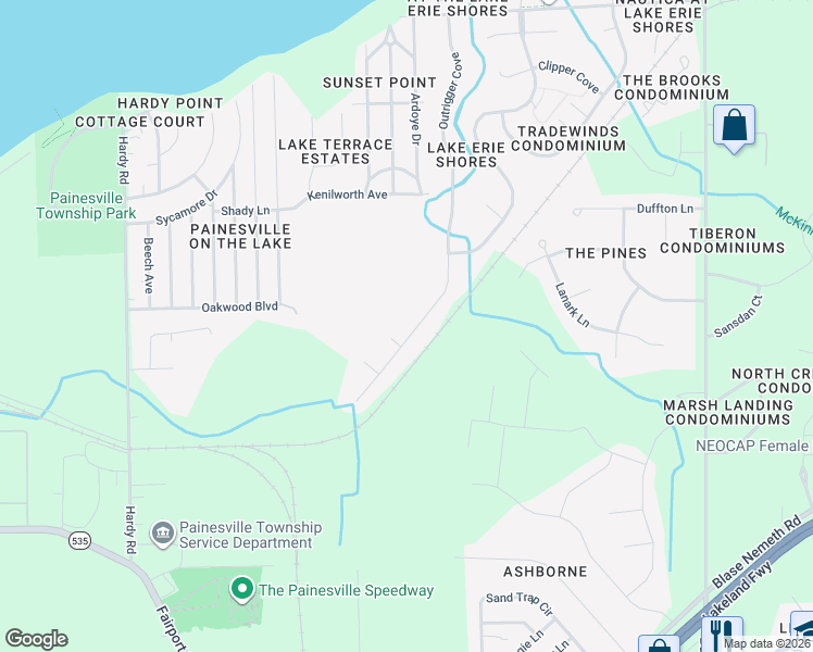map of restaurants, bars, coffee shops, grocery stores, and more near 1431 Windrunner Tr in Painesville