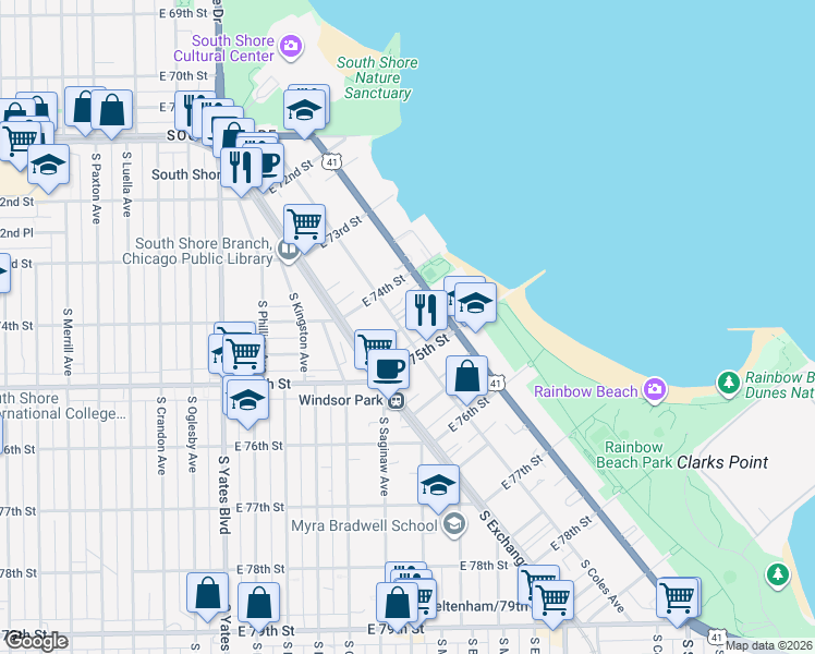 map of restaurants, bars, coffee shops, grocery stores, and more near 7450 East 74th Place in Chicago