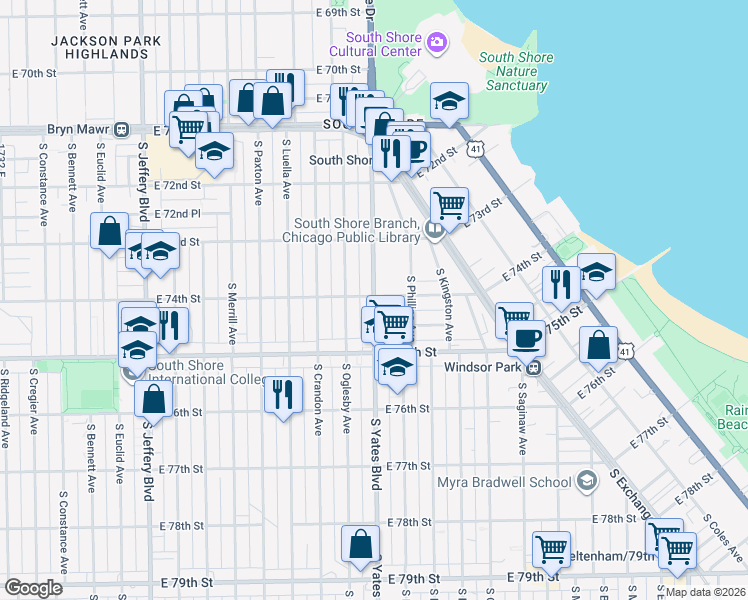 map of restaurants, bars, coffee shops, grocery stores, and more near 7427 South Oglesby Avenue in Chicago