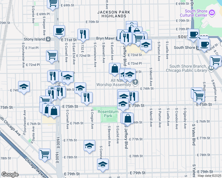 map of restaurants, bars, coffee shops, grocery stores, and more near 7421 South Bennett Avenue in Chicago