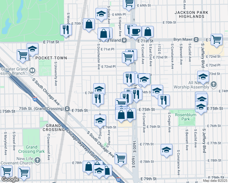 map of restaurants, bars, coffee shops, grocery stores, and more near 7415 South Dante Avenue in Chicago