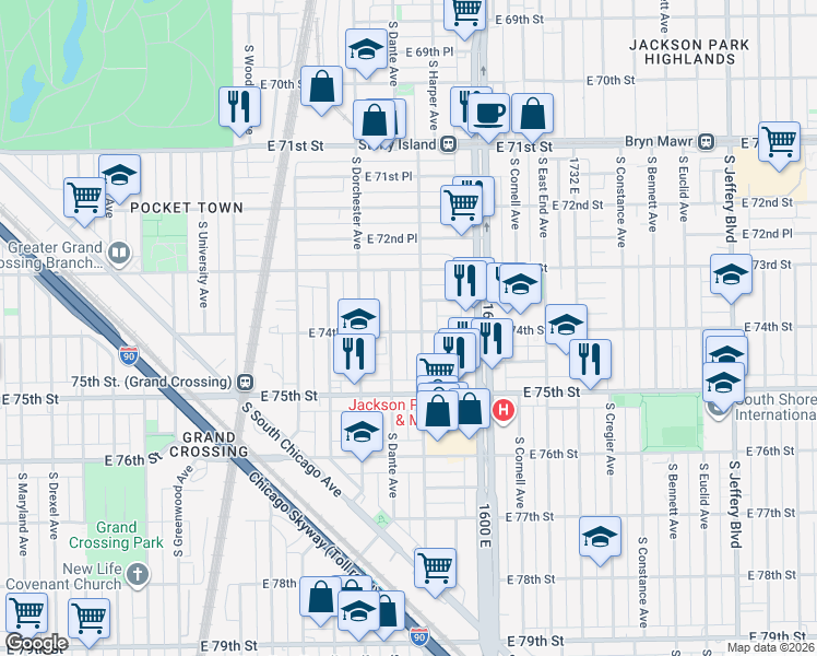 map of restaurants, bars, coffee shops, grocery stores, and more near 7415 South Dante Avenue in Chicago