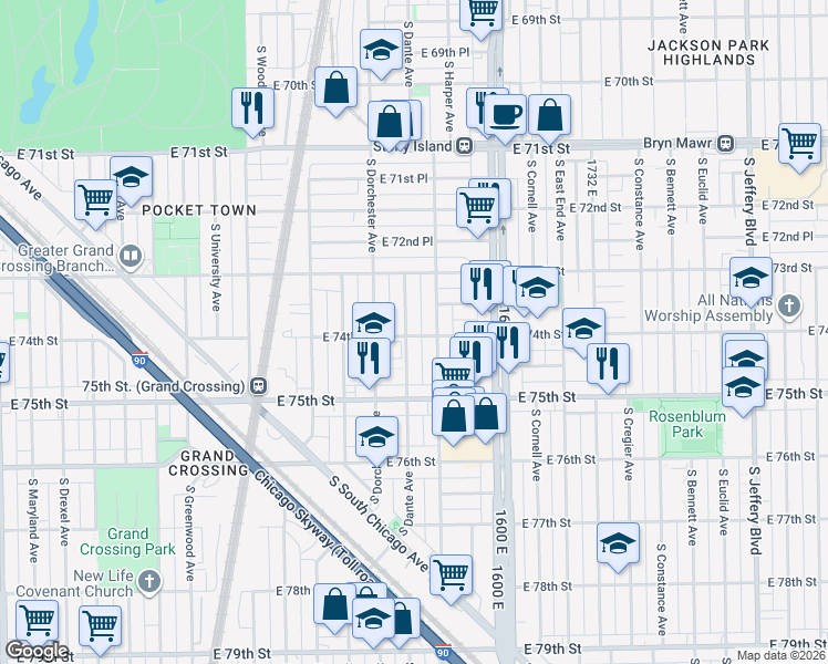 map of restaurants, bars, coffee shops, grocery stores, and more near 7415 South Dante Avenue in Chicago