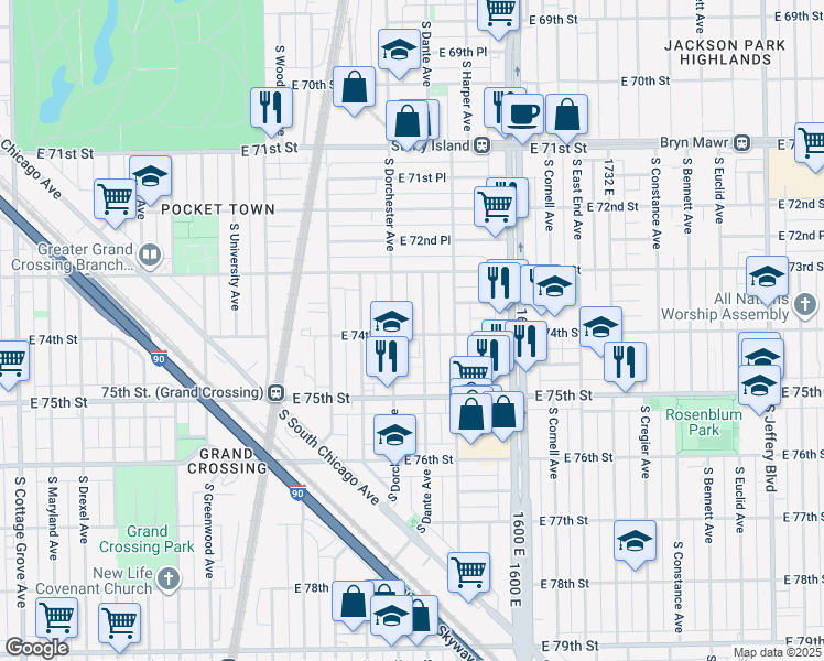 map of restaurants, bars, coffee shops, grocery stores, and more near 7415 South Dante Avenue in Chicago
