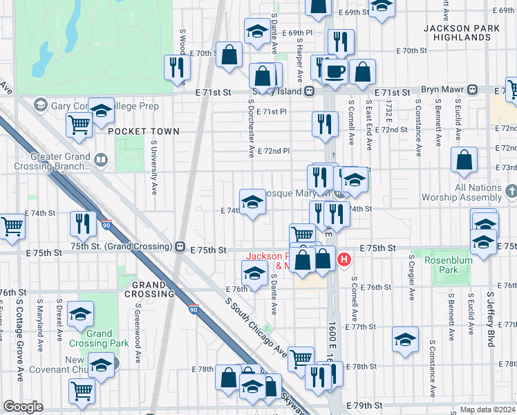 map of restaurants, bars, coffee shops, grocery stores, and more near 7414 South Dorchester Avenue in Chicago