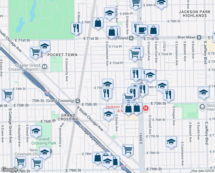 map of restaurants, bars, coffee shops, grocery stores, and more near 7414 South Dorchester Avenue in Chicago