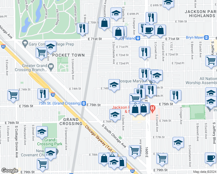 map of restaurants, bars, coffee shops, grocery stores, and more near 7414 South Dorchester Avenue in Chicago