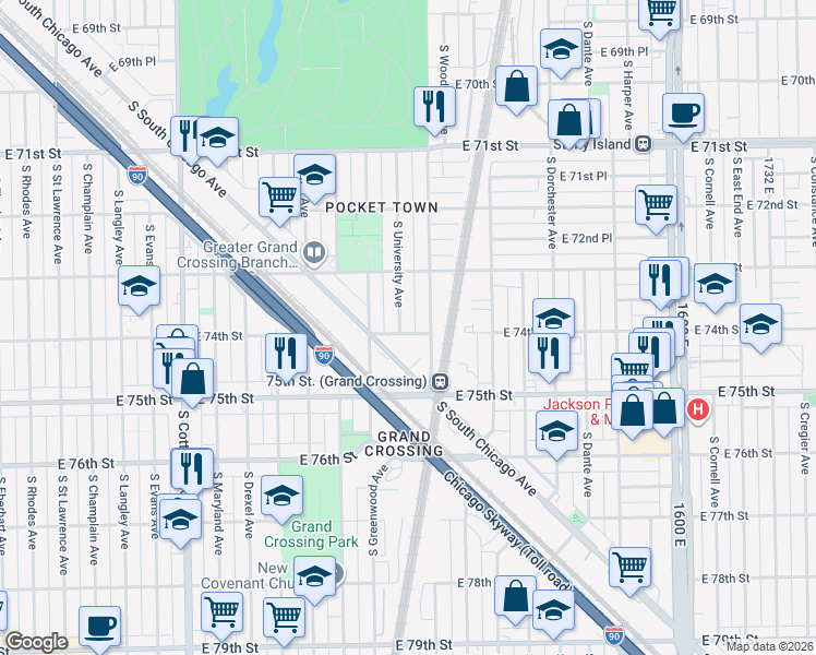 map of restaurants, bars, coffee shops, grocery stores, and more near 7427 South South Chicago Avenue in Chicago
