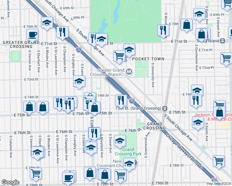 map of restaurants, bars, coffee shops, grocery stores, and more near 7411 South Ingleside Avenue in Chicago