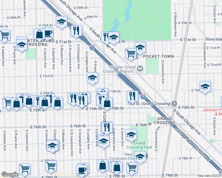 map of restaurants, bars, coffee shops, grocery stores, and more near 7414 South Maryland Avenue in Chicago