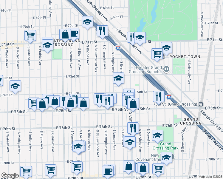map of restaurants, bars, coffee shops, grocery stores, and more near 7409 South Langley Avenue in Chicago