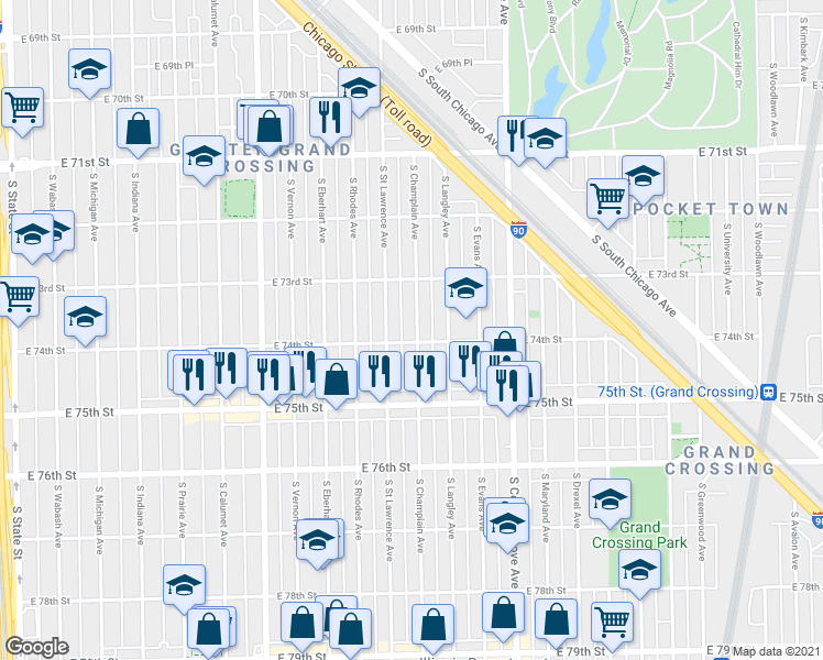 map of restaurants, bars, coffee shops, grocery stores, and more near 7407 South Champlain Avenue in Chicago