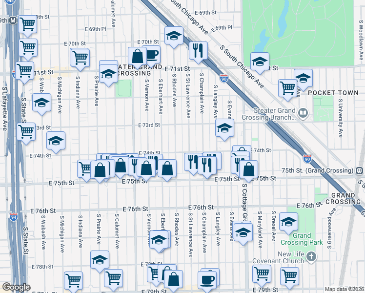 map of restaurants, bars, coffee shops, grocery stores, and more near 7406 South Saint Lawrence Avenue in Chicago