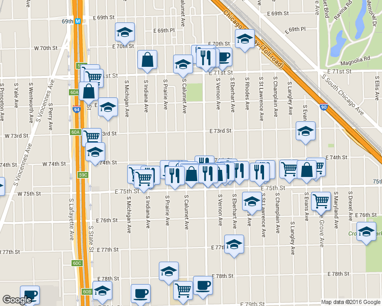 map of restaurants, bars, coffee shops, grocery stores, and more near 7405 South Calumet Avenue in Chicago