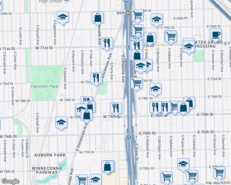 map of restaurants, bars, coffee shops, grocery stores, and more near 55 West 74th Street in Chicago