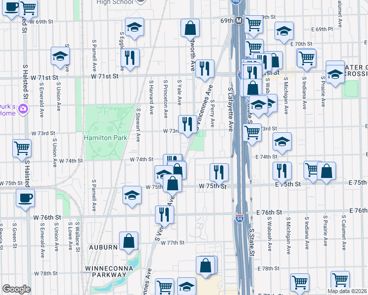 map of restaurants, bars, coffee shops, grocery stores, and more near 7400 South Wentworth Avenue in Chicago
