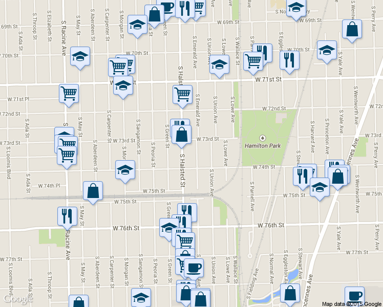 map of restaurants, bars, coffee shops, grocery stores, and more near 7354 South Emerald Avenue in Chicago