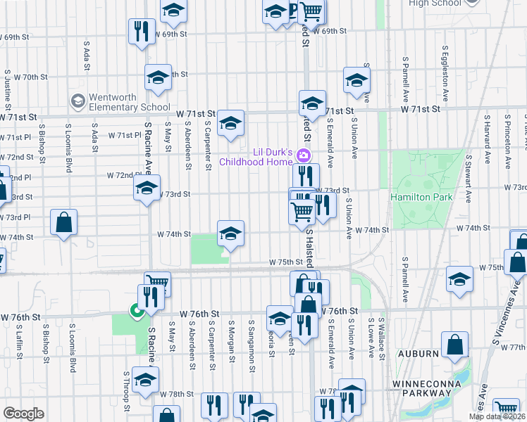 map of restaurants, bars, coffee shops, grocery stores, and more near 7351 South Peoria Street in Chicago