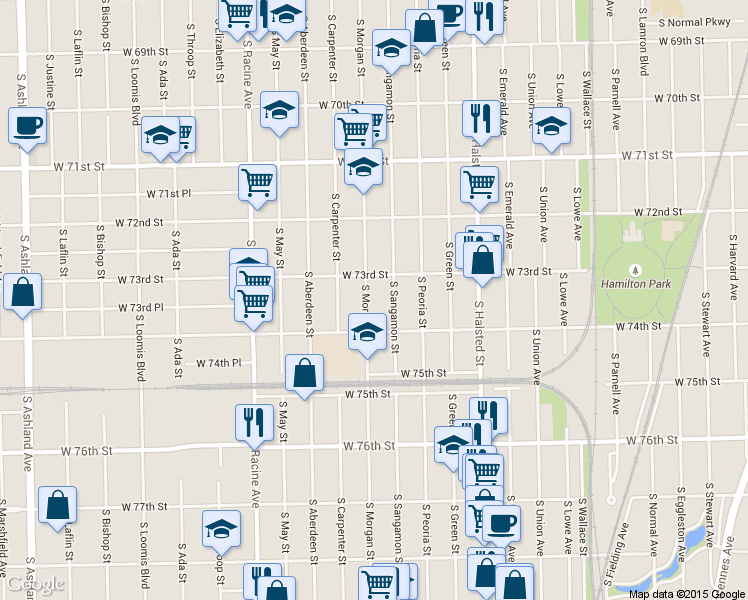 map of restaurants, bars, coffee shops, grocery stores, and more near 7350 South Morgan Street in Chicago