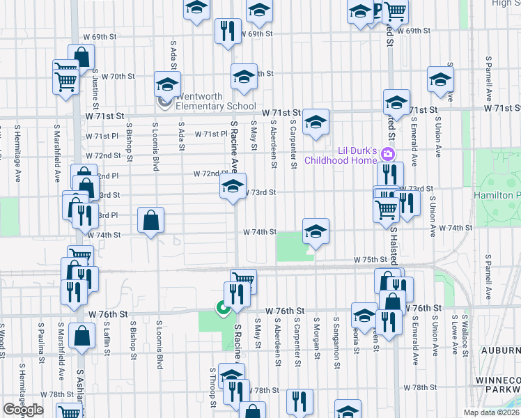 map of restaurants, bars, coffee shops, grocery stores, and more near 7351 South May Street in Chicago