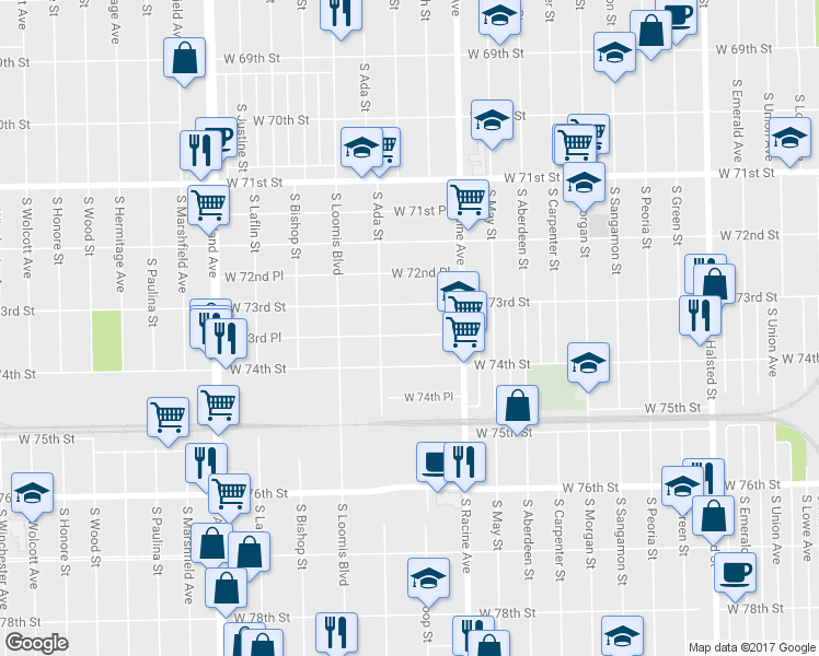 map of restaurants, bars, coffee shops, grocery stores, and more near 1240 West 74th Street in Chicago