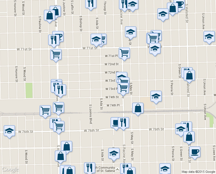map of restaurants, bars, coffee shops, grocery stores, and more near 1240 West 74th Street in Chicago
