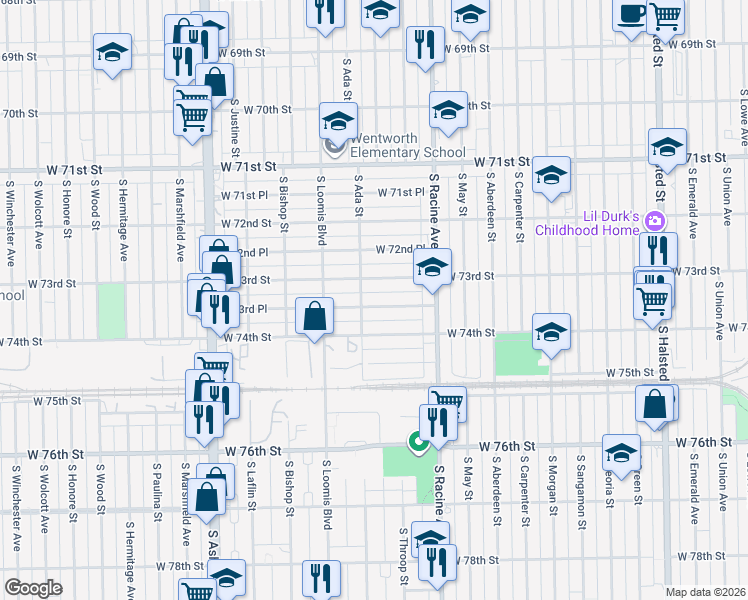 map of restaurants, bars, coffee shops, grocery stores, and more near 1280 West 74th Street in Chicago
