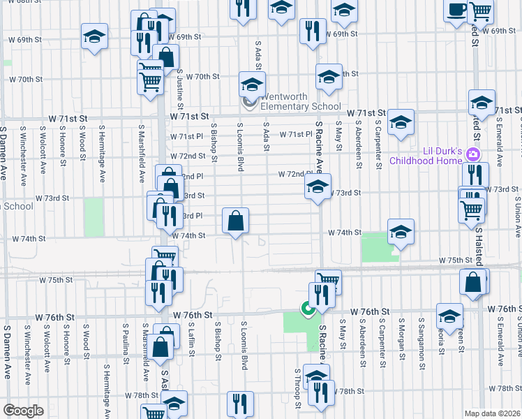 map of restaurants, bars, coffee shops, grocery stores, and more near 1280 West 74th Street in Chicago