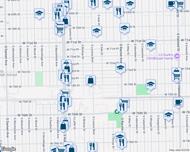 map of restaurants, bars, coffee shops, grocery stores, and more near 1335 West 73rd Place in Chicago