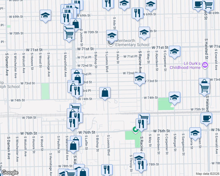 map of restaurants, bars, coffee shops, grocery stores, and more near 1335 West 73rd Place in Chicago