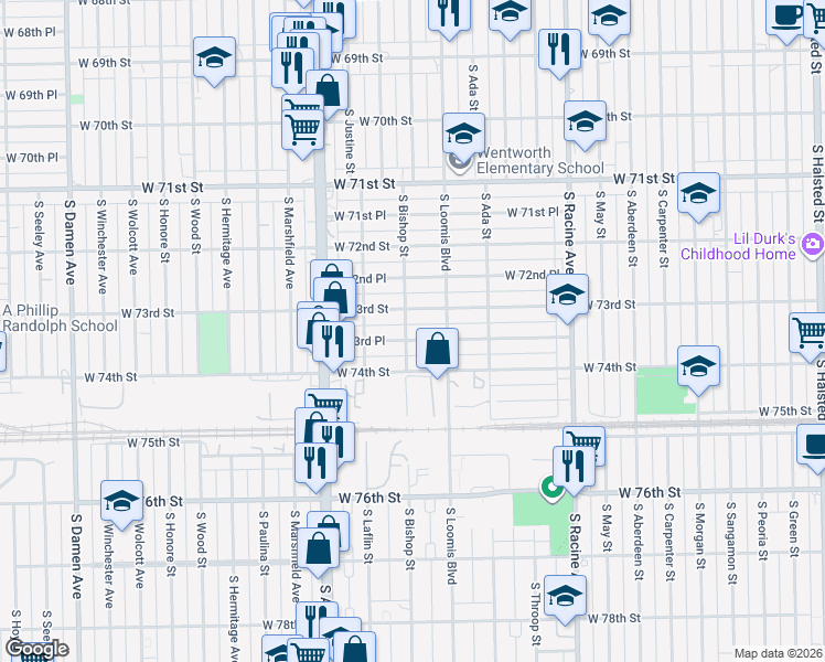 map of restaurants, bars, coffee shops, grocery stores, and more near 1427 West 73rd Place in Chicago